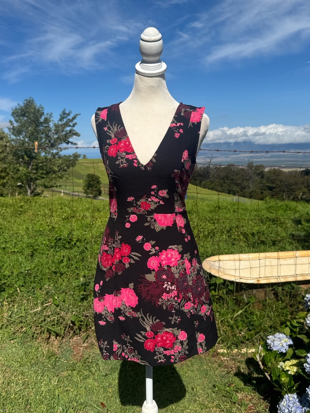 Y2K 90s Vtg style Asian Black Pink Floral Sleeveless Mini Dress party XS